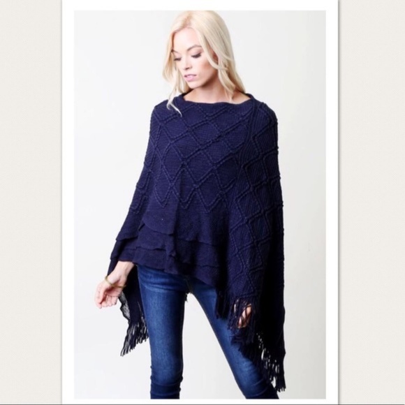 MomMe And More Sweaters - NEW Women's Navy Blue Fringed Sweater Poncho Cape